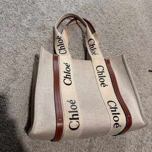 Chloe Woody Tan Canvas Tote Bag